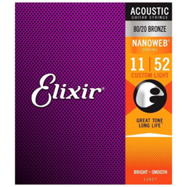 Elixir Nanoweb 80/20 Bronze Custom Light Acoustic Guitar Strings – (11-52)