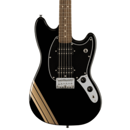 Squier Limited Edition Bullet Mustang Competition Stripe Electric Guitar – Black/Shoreline Gold