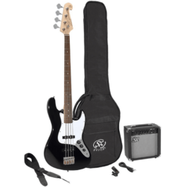 SX SB1-SK 4-String Bass Guitar and BA1565 15 Watt Bass Amp – Black